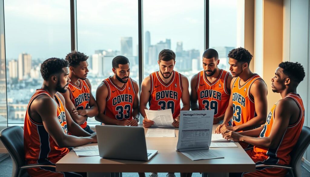 A basketball team gathered around a table, examining a team health insurance policy. The scene is set in a well-lit conference room, with a large window overlooking a city skyline in the background. The players, dressed in their team uniforms, are engaged in a serious discussion, their expressions conveying the importance of the matter at hand. The table is covered with documents, and a laptop is open, displaying detailed coverage information. The lighting is warm and inviting, creating a sense of professionalism and attention to detail. The overall atmosphere is one of careful consideration and concern for the well-being of the team.