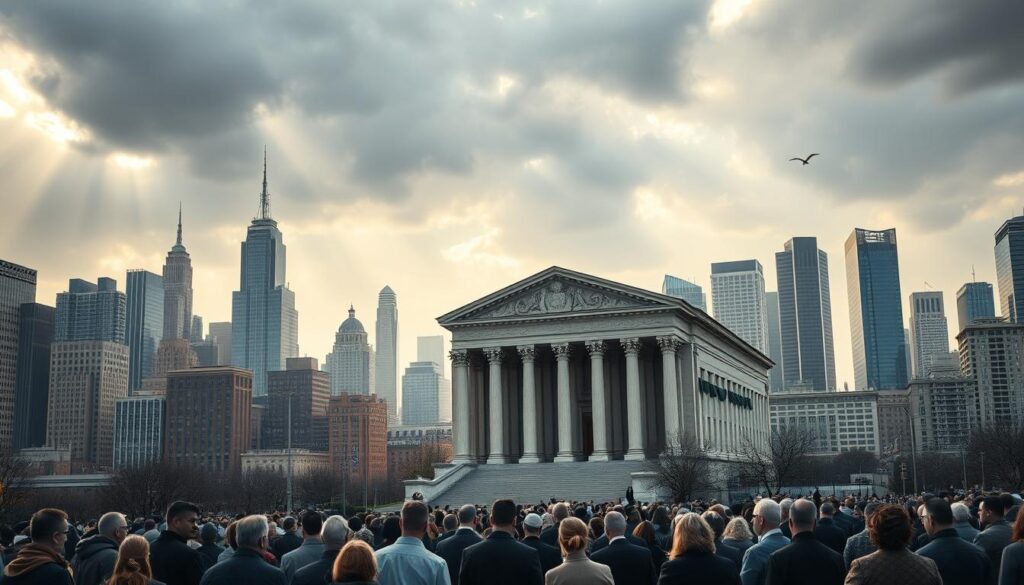A bustling city skyline, with towering skyscrapers casting long shadows across the streets below. In the foreground, a large, imposing courthouse stands, its grand architecture and towering columns a symbol of justice. The sky is painted in shades of ominous gray, reflecting the growing sense of unease surrounding recent high-profile legal cases and their impact on the insurance industry. Rays of light pierce through the gloom, illuminating a crowd of concerned business owners, executives, and industry experts gathered outside the courthouse, their expressions tense as they discuss the rising costs of BIPD insurance due to the increasing frequency of "nuclear verdicts" - large, often unpredictable jury awards that are crippling the industry.