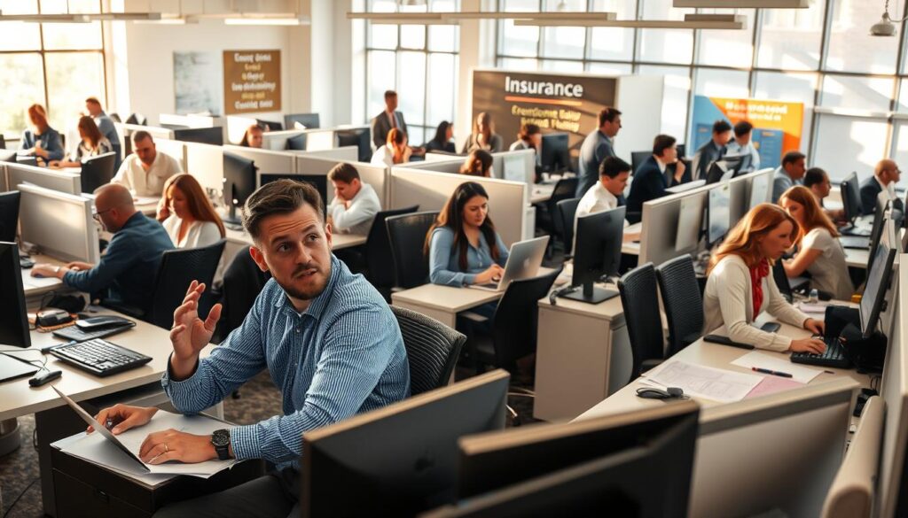 A bustling office scene with multiple insurance representatives seated at desks, focused on their screens and paperwork. Natural light streams through large windows, casting a warm glow over the space. In the foreground, two agents engaged in a discussion, one gesturing animatedly as the other listens intently. The middle ground features a mix of cubicles and open workspaces, with agents of varying ages and backgrounds collaborating or making phone calls. The background showcases the company's branding and decor, hinting at the professional yet approachable atmosphere. The overall mood is one of productivity, efficiency, and a sense of customer-centric service.
