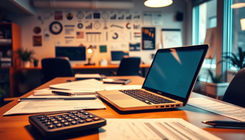 A bustling office setting, with a focus on a desk featuring a laptop, calculator, and various insurance-related documents. The lighting is warm and inviting, creating a sense of productivity and diligence. The background showcases a wall adorned with charts, graphs, and other visual aids, hinting at the analytical nature of the subject matter. The overall atmosphere conveys a professional, yet accessible, approach to exploring cost-saving strategies for BIPD insurance in the trucking industry.