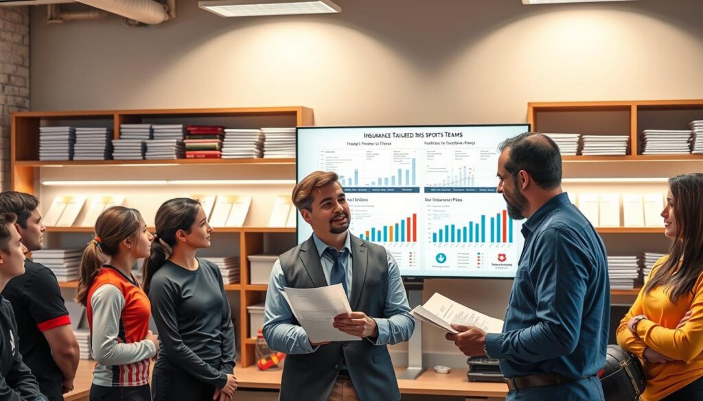A bustling office setting with a team of professional insurance agents discussing policies and documents. The foreground features a well-dressed agent explaining coverage options to a group of amateur athletes, each with their unique sportswear. The middle ground showcases a large monitor displaying detailed graphs and charts outlining insurance plans tailored for recreational sports teams. The background is softly lit, with shelves of insurance manuals and certificates lining the walls, conveying a sense of expertise and reliability. Crisp lighting, high-resolution textures, and a polished, modern aesthetic capture the importance of legal compliance and comprehensive protection for amateur athletes.