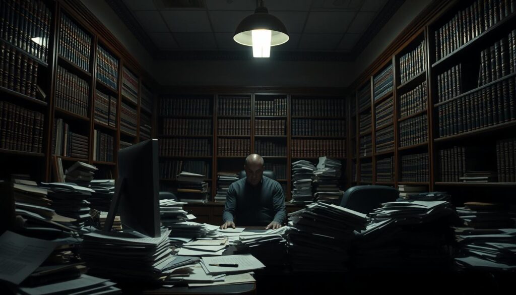 A claustrophobic office interior, dimly lit by the glow of a flickering fluorescent light. Piles of paperwork and legal documents litter a cluttered desk, casting ominous shadows. In the foreground, a lone figure, shrouded in shadows, stares intensely at a computer screen, their expression a mix of frustration and resignation. The walls are lined with imposing bookshelves, filled with thick volumes hinting at the complexity of the legal system. The overall atmosphere conveys a sense of unease, the weight of bureaucracy and the high stakes of bad faith insurance litigation.