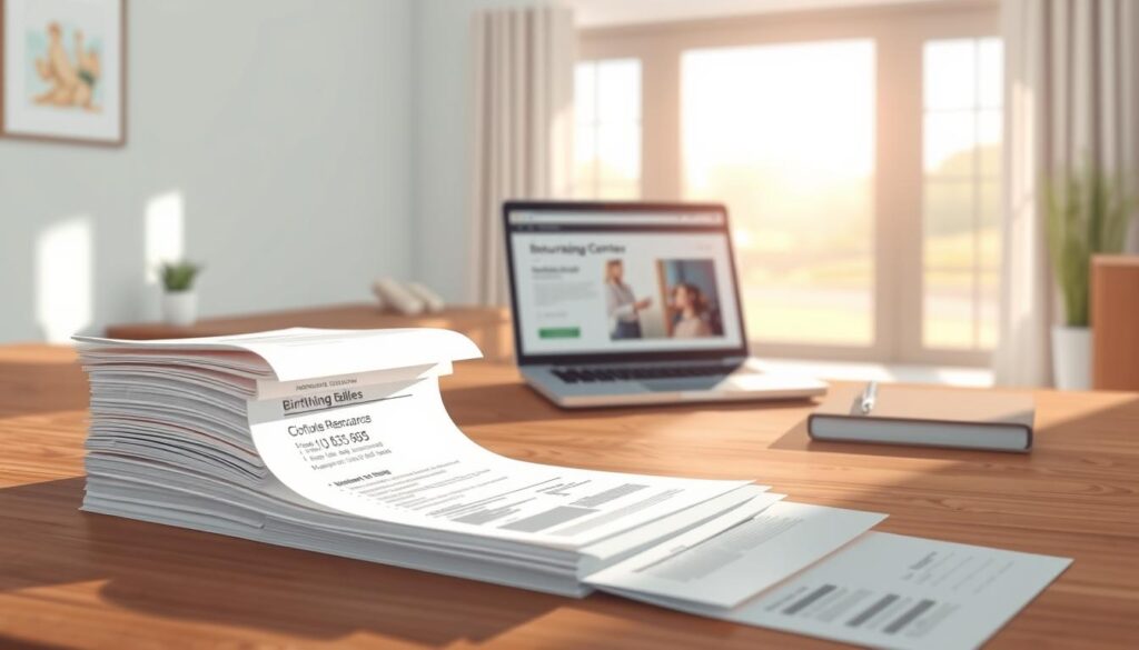 A clean, minimalist illustration showcasing the reimbursement options for a birthing center. In the foreground, a stack of medical bills and insurance documents are neatly organized on a wooden desk, casting soft shadows. In the middle ground, a laptop displays an insurance provider's website, highlighting coverage details. The background features a tranquil, sun-dappled scene of a modern, light-filled birthing suite, conveying a sense of comfort and care. The overall mood is one of clarity and practicality, guiding the viewer through the financial aspects of this healthcare service.