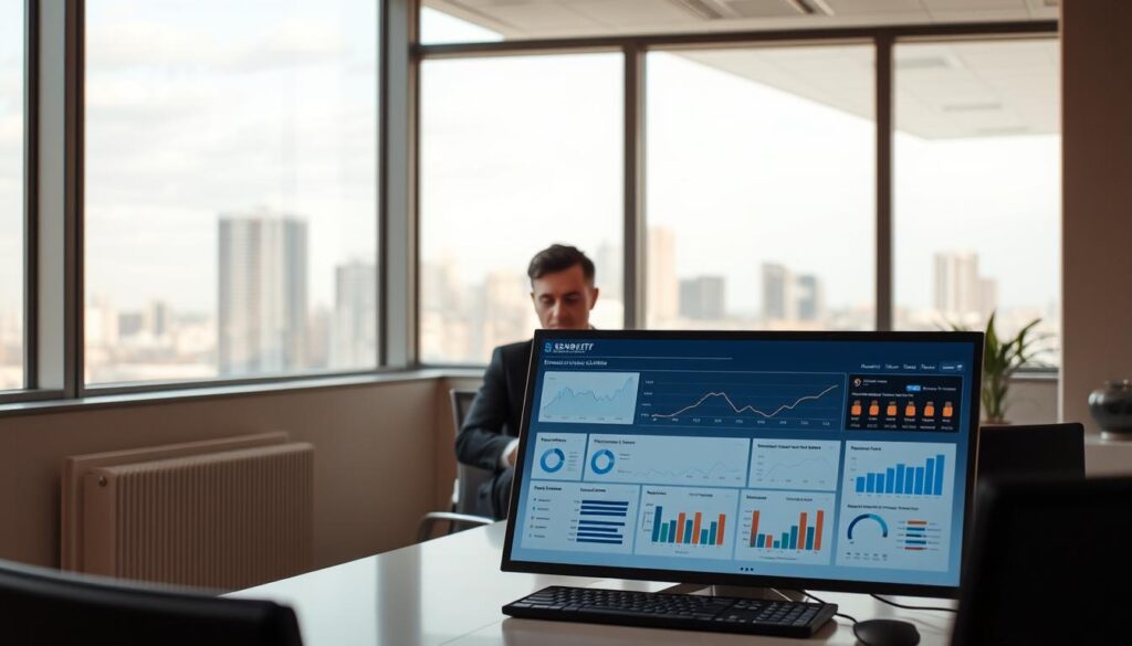 A clean, minimalist office space with a large window overlooking a cityscape. In the foreground, a desktop computer displays a software dashboard tracking insurance claim statistics and performance metrics. In the middle ground, a professional-looking man in a tailored suit sits at the desk, studying the data intently. The lighting is soft and warm, creating a contemplative atmosphere. The image conveys the careful analysis and decision-making process involved in managing insurance claim metrics and reducing leakage. A clean, minimalist office space with a large window overlooking a cityscape. In the foreground, a desktop computer displays a software dashboard tracking insurance claim statistics and performance metrics. In the middle ground, a professional-looking man in a tailored suit sits at the desk, studying the data intently. The lighting is soft and warm, creating a contemplative atmosphere. The image conveys the careful analysis and decision-making process involved in managing insurance claim metrics and reducing leakage.