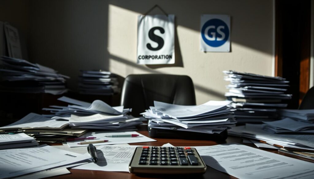 A cluttered office desk, papers and documents scattered haphazardly, a calculator and pen in the foreground. Harsh, unflattering lighting casts long shadows, creating a sense of confusion and mistake. In the background, an S Corporation logo hangs crookedly on the wall, a subtle nod to the deduction error. The overall scene conveys a sense of disarray and financial concern, highlighting the need to avoid such mistakes.