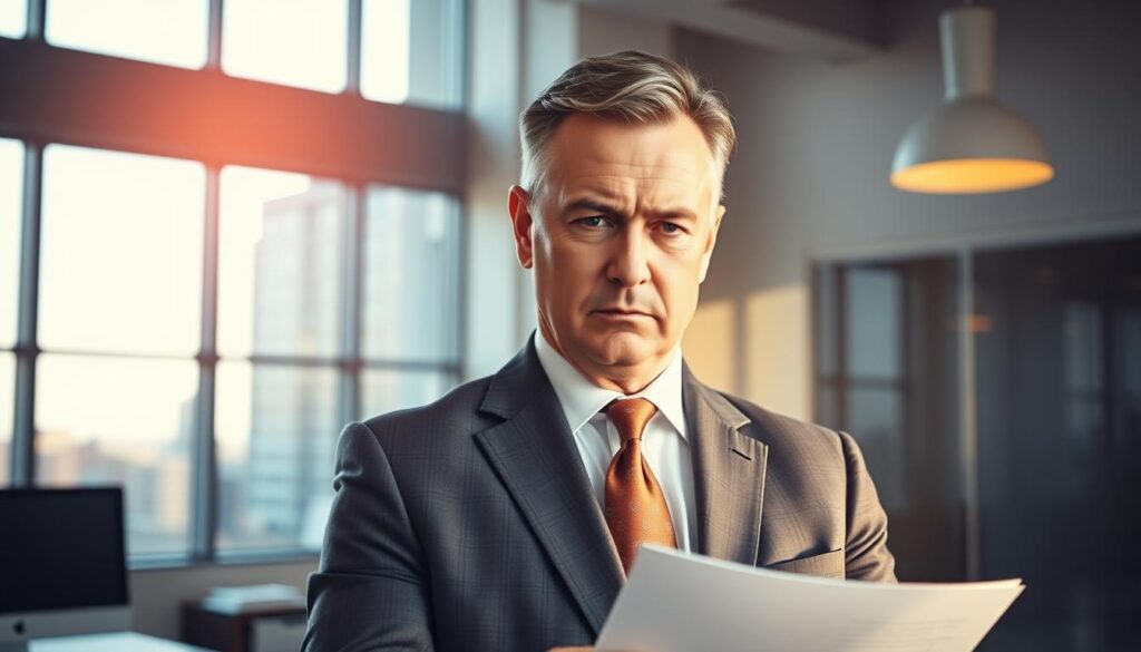 A confident, middle-aged man in a sharp, tailored suit standing in a bright, professional office. His expression is serious, with a slight frown, as he reviews paperwork. The office has clean, contemporary decor with large windows overlooking a cityscape. Warm, directional lighting illuminates the man's face, creating defined shadows and highlights. The composition focuses on the man, with the background subtly blurred to keep the attention on his authoritative presence. An air of expertise and determination surrounds him, conveying his role as a skilled car insurance claim denial lawyer ready to advocate for his clients. A confident, middle-aged man in a sharp, tailored suit standing in a bright, professional office. His expression is serious, with a slight frown, as he reviews paperwork. The office has clean, contemporary decor with large windows overlooking a cityscape. Warm, directional lighting illuminates the man's face, creating defined shadows and highlights. The composition focuses on the man, with the background subtly blurred to keep the attention on his authoritative presence. An air of expertise and determination surrounds him, conveying his role as a skilled car insurance claim denial lawyer ready to advocate for his clients.