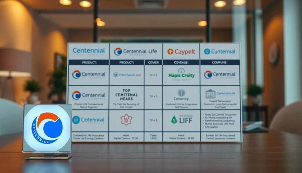 A contemporary financial comparison scene, featuring a grid-like layout of various life insurance companies' logos, product details, and graphical representations. The foreground showcases the Centennial Life Insurance logo prominently, with a clear, well-lit presentation. The middle ground depicts the other top competitors' branding in a clean, organized manner, allowing for direct visual comparison. The background subtly suggests a professional office setting, with warm lighting and a sense of authority. The overall mood is one of informed decision-making, with a focus on reliability, coverage, and the ability to make an educated choice. The image should convey a sense of trust, transparency, and the importance of carefully evaluating life insurance options.