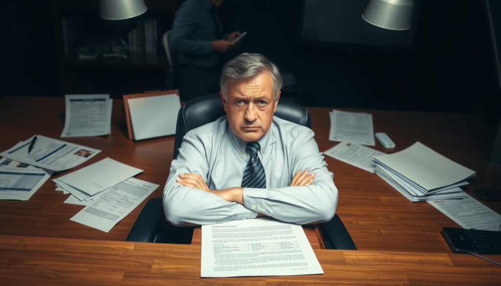 A corporate office setting, with a businessman sitting at a desk, looking stressed and confused. In the background, insurance documents and paperwork are scattered, suggesting a dispute or misrepresentation. The lighting is harsh, creating deep shadows and a sense of unease. The camera angle is slightly low, emphasizing the power imbalance and the subject's vulnerability. The overall tone is one of tension and uncertainty, reflecting the article's subject matter. A corporate office setting, with a businessman sitting at a desk, looking stressed and confused. In the background, insurance documents and paperwork are scattered, suggesting a dispute or misrepresentation. The lighting is harsh, creating deep shadows and a sense of unease. The camera angle is slightly low, emphasizing the power imbalance and the subject's vulnerability. The overall tone is one of tension and uncertainty, reflecting the article's subject matter.