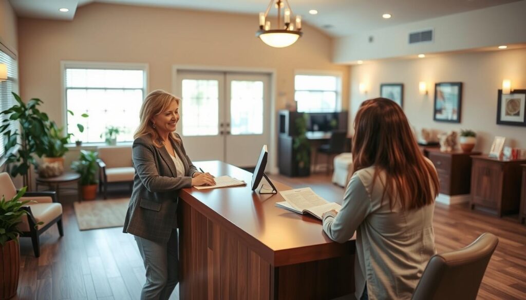 A cozy, well-lit interior of a birthing center reception area, with a focus on the central desk where an insurance agent is discussing coverage options with a soon-to-be parent. The background features a warm, inviting atmosphere with soothing colors, plants, and comfortable seating areas. The lighting is soft and natural, creating a calming ambiance. The insurance agent is dressed professionally, exuding a friendly and knowledgeable demeanor as they explain the various insurance plans and policies accepted by the birthing center. The soon-to-be parent listens intently, their expression one of relief and understanding as they navigate the complexities of their birthing center insurance coverage.