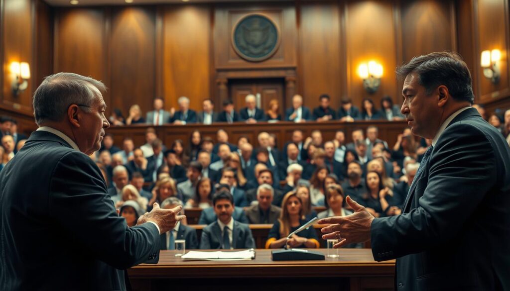 A crowded courtroom scene, illuminated by warm overhead lighting. In the foreground, two lawyers in sharp suits stand at a table, engaged in heated debate. Their body language conveys tension and opposing arguments. In the middle ground, a panel of stern-faced judges observes the proceedings from an elevated bench, their expressions inscrutable. The background is filled with spectators, their faces etched with anticipation, capturing the high-stakes drama of a legal showdown between an insurance company and its adversary. The scene exudes an atmosphere of high-stakes legal conflict, with the fate of the case hanging in the balance. A crowded courtroom scene, illuminated by warm overhead lighting. In the foreground, two lawyers in sharp suits stand at a table, engaged in heated debate. Their body language conveys tension and opposing arguments. In the middle ground, a panel of stern-faced judges observes the proceedings from an elevated bench, their expressions inscrutable. The background is filled with spectators, their faces etched with anticipation, capturing the high-stakes drama of a legal showdown between an insurance company and its adversary. The scene exudes an atmosphere of high-stakes legal conflict, with the fate of the case hanging in the balance.