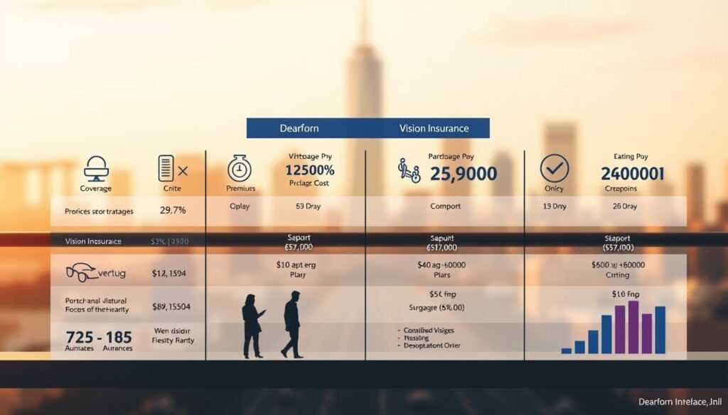 A detailed infographic layout showcasing a side-by-side comparison of various vision insurance plans, including Dearborn. In the foreground, distinctive icons and charts highlight key plan features like coverage, premiums, and out-of-pocket costs. The middle ground presents stylized silhouettes of people interacting with the plans, conveying the human element. The background features a softly blurred cityscape, evoking a professional, corporate atmosphere. Warm, muted tones create a reassuring ambiance, while strategic use of negative space allows the data visualizations to take center stage. Crisp, high-resolution rendering with a slight depth-of-field effect ensures a polished, editorial-style appearance.