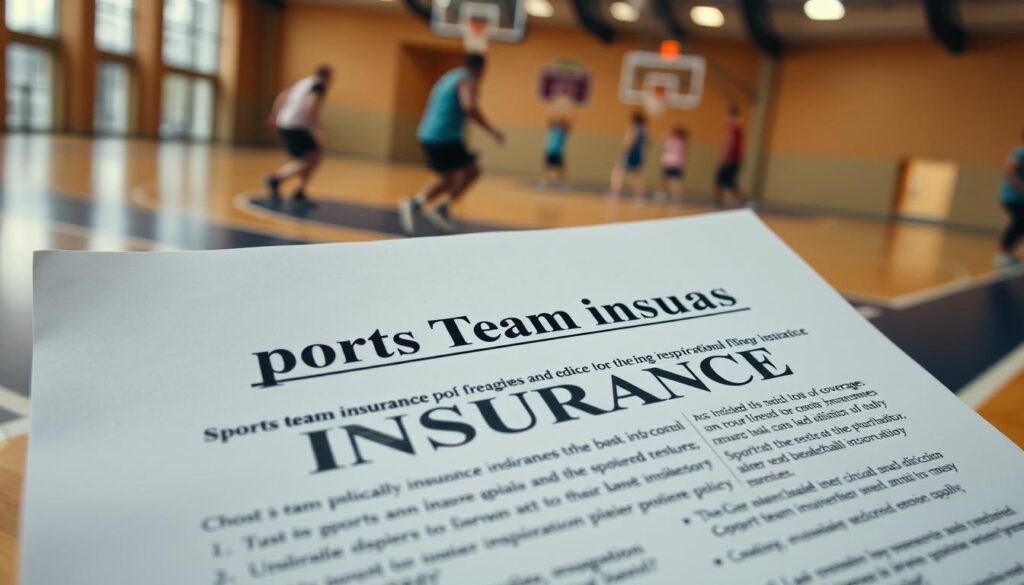 A detailed wide-angle photograph of an insurance policy document with the title "Sports Team Insurance" prominently displayed, set against a backdrop of a basketball court with players in action. The document's text and visual elements should clearly convey the costs, coverage, and key features of a sports team insurance policy. The lighting should be natural and warm, with a sense of professionalism and attention to detail. The overall composition should balance the insurance document in the foreground with the dynamic basketball scene in the background, creating a visually compelling and informative image.
