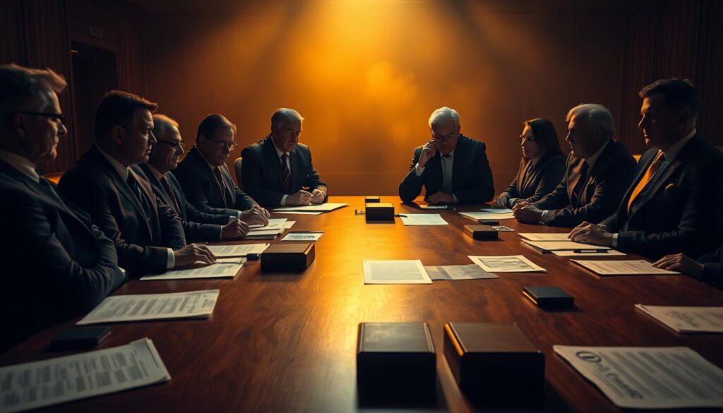 A dimly lit boardroom, with a large wooden table surrounded by stern-faced executives in suits. The room is bathed in a warm, amber glow, casting long shadows across the papers and legal documents scattered before them. The atmosphere is tense, with a sense of unease permeating the space. In the foreground, a pair of lawyers engage in a heated discussion, their body language conveying the high-stakes nature of the legal dispute. The background is hazy, suggesting the weight of the decision they must make, the future of the company hanging in the balance. A dimly lit boardroom, with a large wooden table surrounded by stern-faced executives in suits. The room is bathed in a warm, amber glow, casting long shadows across the papers and legal documents scattered before them. The atmosphere is tense, with a sense of unease permeating the space. In the foreground, a pair of lawyers engage in a heated discussion, their body language conveying the high-stakes nature of the legal dispute. The background is hazy, suggesting the weight of the decision they must make, the future of the company hanging in the balance.