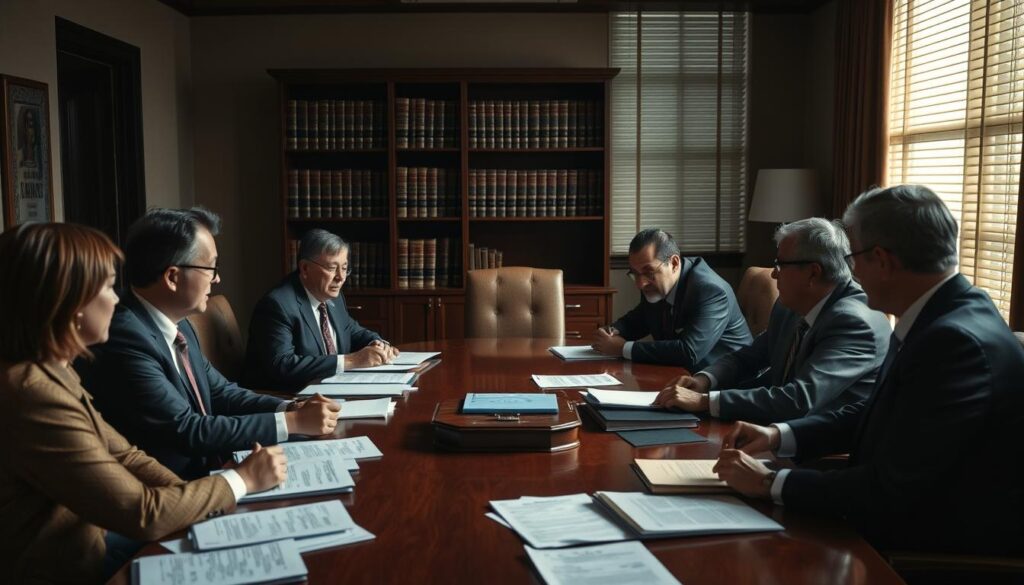 A dimly lit conference room, the air thick with tension. At the center, a polished mahogany table where two legal teams sit facing each other, documents and files strewn across the surface. The plaintiffs, dressed in professional attire, engage in a heated yet measured discussion with the insurance company representatives, their expressions reflecting the gravity of the situation. Soft light filters through the blinds, casting shadows that accentuate the seriousness of the proceedings. In the background, a bookshelf lined with legal tomes suggests the depth of knowledge and experience at play. The scene conveys the complex, high-stakes nature of the insurance litigation process, where alternative dispute resolution offers a middle ground between confrontation and compromise. A dimly lit conference room, the air thick with tension. At the center, a polished mahogany table where two legal teams sit facing each other, documents and files strewn across the surface. The plaintiffs, dressed in professional attire, engage in a heated yet measured discussion with the insurance company representatives, their expressions reflecting the gravity of the situation. Soft light filters through the blinds, casting shadows that accentuate the seriousness of the proceedings. In the background, a bookshelf lined with legal tomes suggests the depth of knowledge and experience at play. The scene conveys the complex, high-stakes nature of the insurance litigation process, where alternative dispute resolution offers a middle ground between confrontation and compromise.