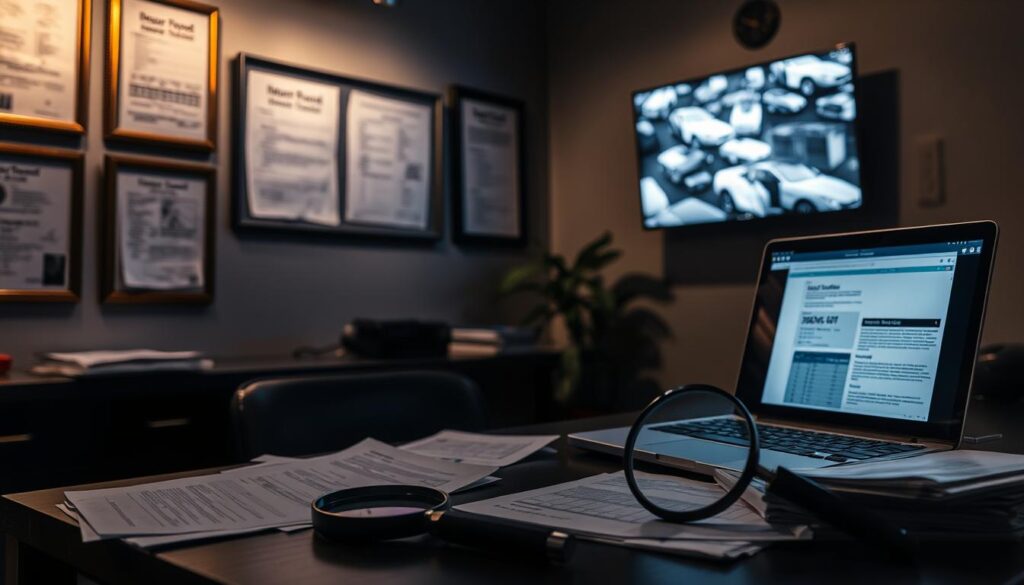 A dimly lit office interior, the walls adorned with framed insurance policy documents and financial ledgers. In the foreground, a desk with a laptop displaying spreadsheets and insurance claim forms. A magnifying glass and a stack of files sit nearby, hinting at an ongoing investigation. The lighting casts shadows, creating an air of scrutiny and seriousness. In the background, a wall-mounted display shows grainy surveillance footage, suggesting the analysis of evidence. The overall scene conveys a sense of diligence and thoroughness in uncovering potential misrepresentation within car insurance claims. A dimly lit office interior, the walls adorned with framed insurance policy documents and financial ledgers. In the foreground, a desk with a laptop displaying spreadsheets and insurance claim forms. A magnifying glass and a stack of files sit nearby, hinting at an ongoing investigation. The lighting casts shadows, creating an air of scrutiny and seriousness. In the background, a wall-mounted display shows grainy surveillance footage, suggesting the analysis of evidence. The overall scene conveys a sense of diligence and thoroughness in uncovering potential misrepresentation within car insurance claims.