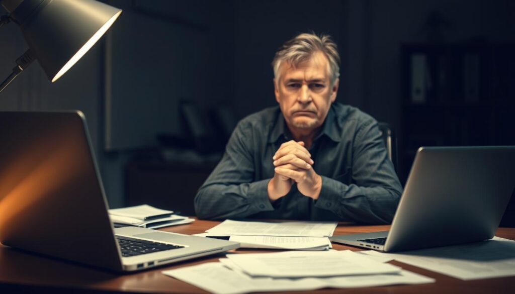 A dimly lit office interior, with a desk, laptop, and scattered documents. Behind the desk, a somber-looking middle-aged person sits, hands clasped, facing the viewer. The person's expression conveys a sense of frustration and concern. The background is slightly blurred, with a sense of unease and uncertainty. Soft, warm lighting illuminates the scene, creating an atmosphere of contemplation and unease. The overall composition suggests the complex and challenging process of appealing a denied car insurance claim.