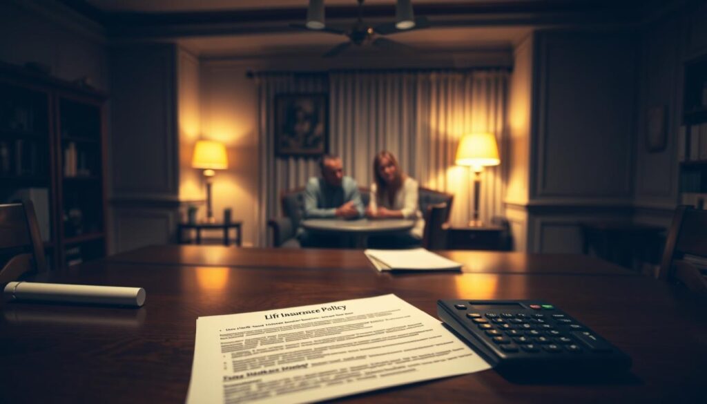 A dimly lit office interior, with a large oak desk in the foreground. On the desk, a life insurance policy document and a calculator, symbolizing the financial impact of premium payments. In the middle ground, a couple sitting across the desk, engaged in a serious discussion, their expressions conveying concern and contemplation. The background is softly blurred, suggesting the focus is on the central figures and the financial documents. The scene is illuminated by a warm, soft light, creating an atmosphere of thoughtful deliberation. The overall composition conveys the weight and complexity of the decision-making process surrounding the impact of life insurance premium sources on marital property.