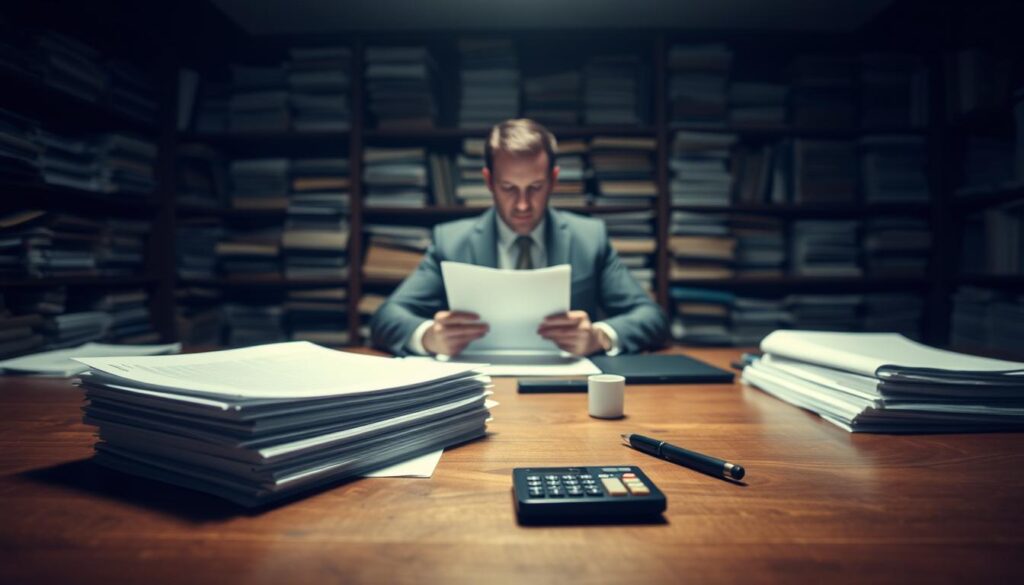 A dimly lit office setting, with a large oak desk in the foreground. On the desk, a stack of insurance claim files, a calculator, and a pen. In the middle ground, a well-dressed insurance adjuster sits at the desk, their face obscured, focused intently on the paperwork. The background is hazy, with a sense of imposing, looming shelves of more files and documents. The lighting is harsh, casting deep shadows, creating an atmosphere of tension and financial incentives. The overall scene conveys the idea of an insurance adjuster making crucial decisions that impact claimants, guided by a system that may prioritize cost savings over fairness. A dimly lit office setting, with a large oak desk in the foreground. On the desk, a stack of insurance claim files, a calculator, and a pen. In the middle ground, a well-dressed insurance adjuster sits at the desk, their face obscured, focused intently on the paperwork. The background is hazy, with a sense of imposing, looming shelves of more files and documents. The lighting is harsh, casting deep shadows, creating an atmosphere of tension and financial incentives. The overall scene conveys the idea of an insurance adjuster making crucial decisions that impact claimants, guided by a system that may prioritize cost savings over fairness.