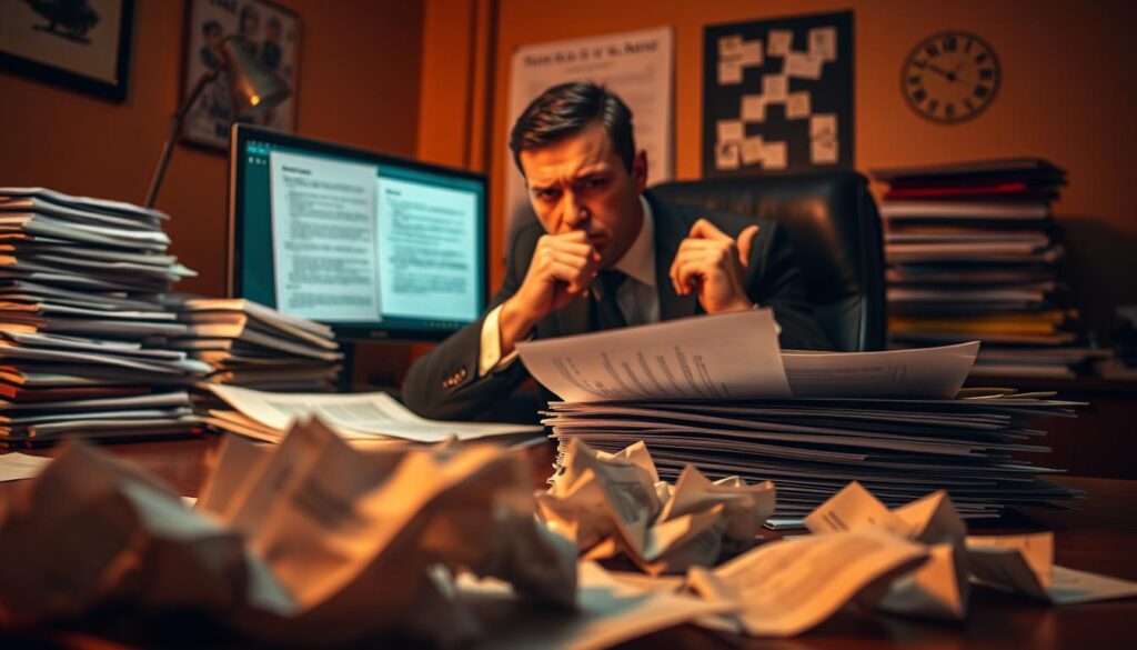 A dimly lit office setting, with a shady-looking car accident claim agent sitting at a desk, surrounded by stacks of files and a computer screen displaying suspicious-looking documents. The agent has a devious expression, their fingers steepled in a pensive pose, conveying a sense of calculated deception. In the foreground, crumpled police reports and medical bills are scattered, hinting at the victim's struggle to navigate the deceitful claims process. The room is bathed in a warm, amber glow, creating an atmosphere of unease and mistrust. The overall scene suggests the complex challenges faced when dealing with a dishonest party in the aftermath of a car accident.