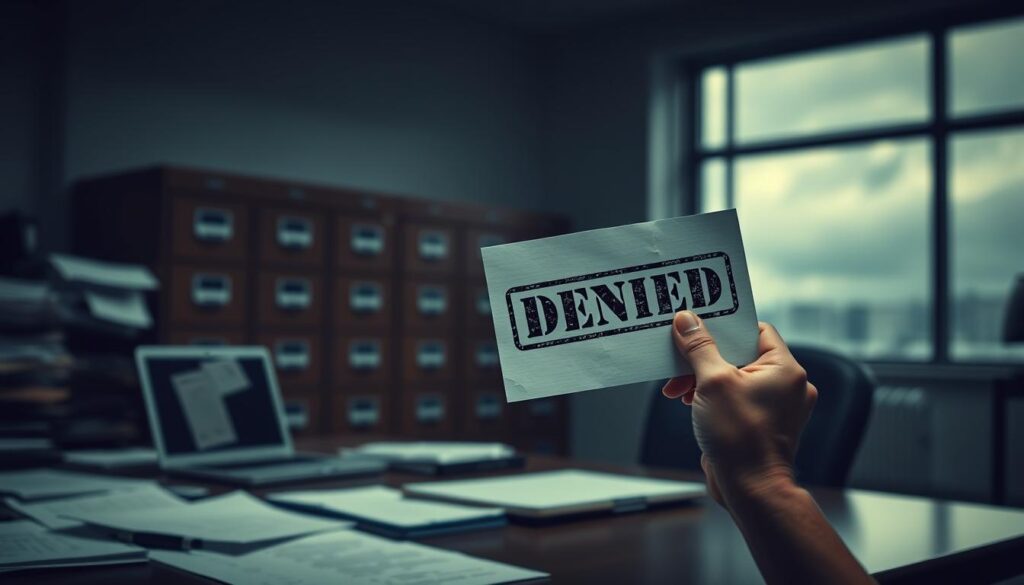 A dimly lit office, the edges softened by a shallow depth of field. In the foreground, a desk cluttered with papers, a laptop, and a lone, weary hand holding a stamped document - the dreaded 'DENIED' stamp glaring back. The background is hazy, a sense of bureaucratic malaise, with blurred filing cabinets and a lone window revealing a gloomy, overcast sky. Muted colors, muted emotions, a visual metaphor for the frustration and disappointment of an insurance claim denial. A dimly lit office, the edges softened by a shallow depth of field. In the foreground, a desk cluttered with papers, a laptop, and a lone, weary hand holding a stamped document - the dreaded 'DENIED' stamp glaring back. The background is hazy, a sense of bureaucratic malaise, with blurred filing cabinets and a lone window revealing a gloomy, overcast sky. Muted colors, muted emotions, a visual metaphor for the frustration and disappointment of an insurance claim denial.
