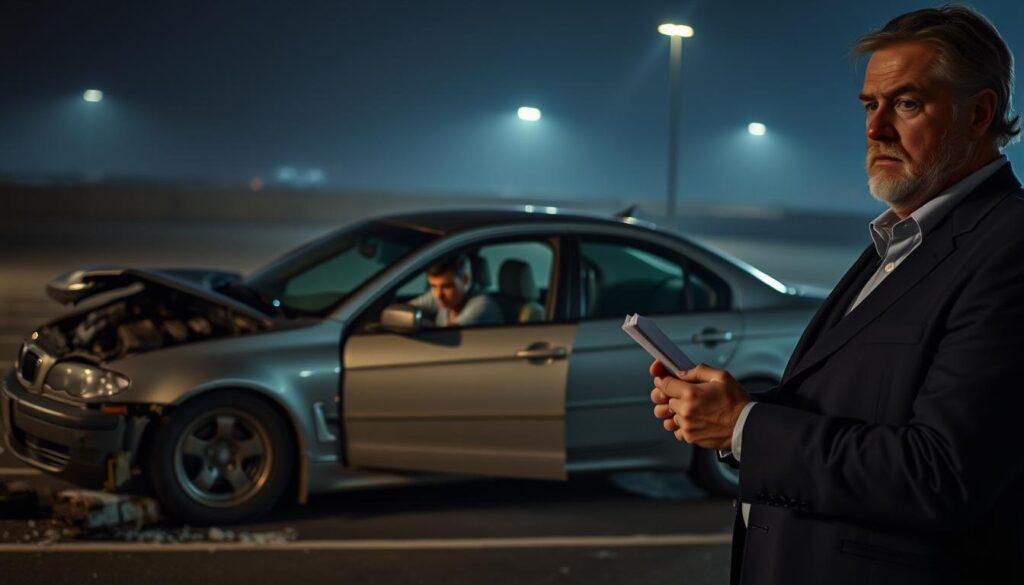 A dimly lit parking lot at night, the focal point being an anxious-looking driver, sitting in their car, eyes downcast, surrounded by the aftermath of a collision - crumpled fender, shattered glass. In the foreground, an insurance agent stands with a notepad, a stern expression on their face, hinting at the impending revelation of the driver's deception. The background is hazy, emphasizing the tense, dramatic atmosphere. Cinematic lighting casts dramatic shadows, heightening the sense of unease and the weight of the moment. The scene conveys the palpable tension of a confrontation where the truth will out, regardless of the driver's attempts to mislead.