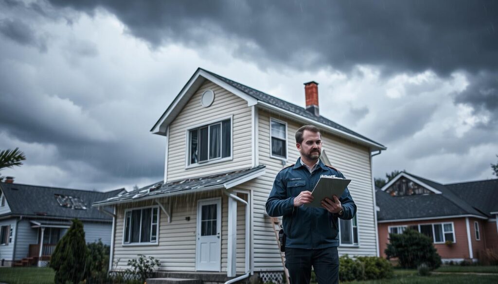 A dreary stormy day with heavy rain and gusty winds. In the foreground, a modest two-story home with visible weather-related damages - shingles torn off the roof, broken windows, and water-damaged siding. An employee from DH Insurance Services, dressed in a professional uniform, is carefully inspecting the property, clipboard in hand, conveying a sense of diligent care and support. The middle ground shows other homes in the neighborhood, also affected by the inclement weather. The background is a bleak, overcast sky with dark ominous clouds, heightening the urgency of the situation. The overall mood is one of concern and empathy, as DH Insurance Services steps in to provide timely and compassionate assistance during this challenging time. A dreary stormy day with heavy rain and gusty winds. In the foreground, a modest two-story home with visible weather-related damages - shingles torn off the roof, broken windows, and water-damaged siding. An employee from DH Insurance Services, dressed in a professional uniform, is carefully inspecting the property, clipboard in hand, conveying a sense of diligent care and support. The middle ground shows other homes in the neighborhood, also affected by the inclement weather. The background is a bleak, overcast sky with dark ominous clouds, heightening the urgency of the situation. The overall mood is one of concern and empathy, as DH Insurance Services steps in to provide timely and compassionate assistance during this challenging time.