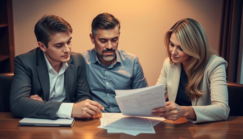 A financial advisor and divorcing couple sit at a table, reviewing life insurance documents under warm, soft lighting. The advisor points to the paperwork, explaining the intricacies of life insurance proceeds and their designation as marital property. The couple listens intently, expressions serious yet hopeful, as they navigate this complex legal and financial landscape. The scene conveys the gravity of the situation, the need for expert guidance, and the desire to make informed decisions during this transitional period.
