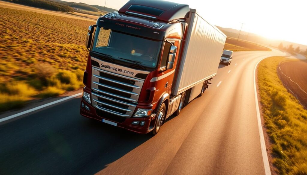 A high-angle view of a commercial semi-truck on a rural highway, surrounded by lush countryside. The truck's exterior features the logo and livery of a supplemental trucking insurance provider. The scene is bathed in warm, golden afternoon light, casting long shadows across the road. The composition emphasizes the size and power of the truck, conveying a sense of safety and reliability. The background is slightly blurred, keeping the focus on the truck as the central subject.