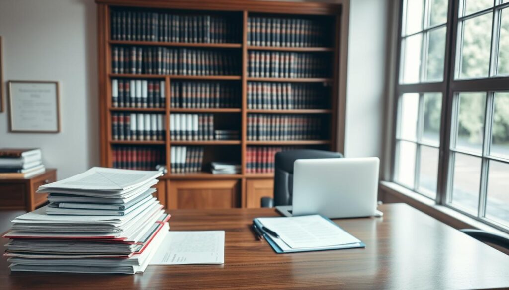 A high-angle view of a legal office, the foreground showcasing a wooden desk with stacks of files and a laptop, representing the administrative tasks involved in assault and battery insurance claims. The middle ground features a bookshelf filled with law books, conveying the legal expertise required. The background depicts a large window, allowing natural light to flood the room, creating a sense of openness and transparency. The overall atmosphere is one of professional diligence, with muted colors and a touch of formality, emphasizing the gravity of the subject matter. A high-angle view of a legal office, the foreground showcasing a wooden desk with stacks of files and a laptop, representing the administrative tasks involved in assault and battery insurance claims. The middle ground features a bookshelf filled with law books, conveying the legal expertise required. The background depicts a large window, allowing natural light to flood the room, creating a sense of openness and transparency. The overall atmosphere is one of professional diligence, with muted colors and a touch of formality, emphasizing the gravity of the subject matter.