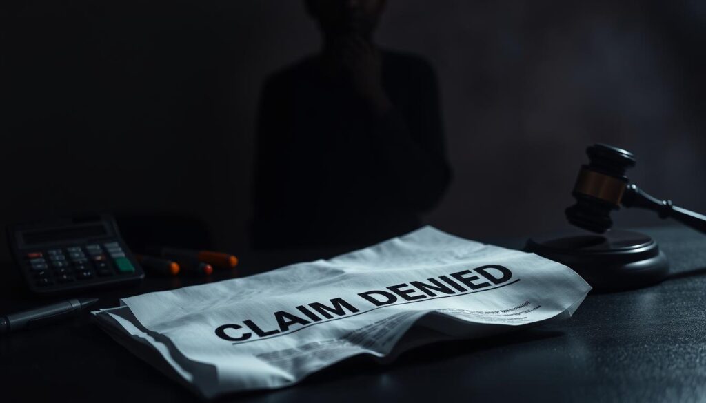 A high-contrast scene with a shadowy, ominous atmosphere. In the foreground, a crumpled car insurance document lies on a dark desk, the text "CLAIM DENIED" stamped prominently across it. Surrounding the document are scattered pens, a calculator, and a gavel, conveying a sense of legal proceedings and bureaucratic frustration. The middle ground features a dim, backlit silhouette of a person, hands clasped in worried contemplation. The background is hazy, with muted colors and soft, diffused lighting, creating a sense of uncertainty and unease. The overall tone is one of disappointment, confusion, and the struggle to navigate the complexities of car insurance claims. A high-contrast scene with a shadowy, ominous atmosphere. In the foreground, a crumpled car insurance document lies on a dark desk, the text "CLAIM DENIED" stamped prominently across it. Surrounding the document are scattered pens, a calculator, and a gavel, conveying a sense of legal proceedings and bureaucratic frustration. The middle ground features a dim, backlit silhouette of a person, hands clasped in worried contemplation. The background is hazy, with muted colors and soft, diffused lighting, creating a sense of uncertainty and unease. The overall tone is one of disappointment, confusion, and the struggle to navigate the complexities of car insurance claims.