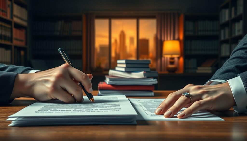 A high-resolution, detailed illustration of marital property laws and life insurance. In the foreground, a realistic close-up of two hands signing legal documents, with a wedding ring visible. In the middle ground, a stack of books and paperwork representing legal and financial documents. In the background, a dimly lit office setting with shelves of books and a window overlooking a cityscape. The lighting is soft and warm, creating a contemplative, authoritative atmosphere. The composition emphasizes the interplay between personal, legal, and financial elements of marital property and life insurance, reflecting the complexities and nuances of this topic.