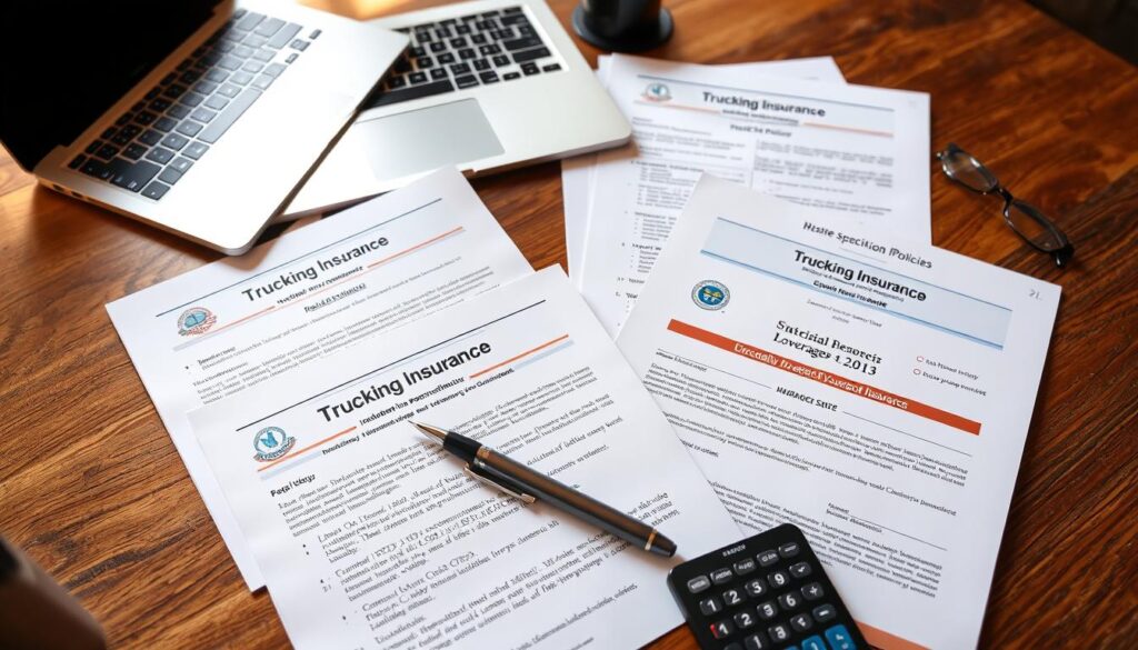A high-resolution, photorealistic image of state-specific trucking insurance documents and policies laid out on a wooden desk, with a laptop, pen, and calculator in the foreground. The documents should be crisp and legible, showcasing various state logos, regulatory language, and coverage details. The lighting should be warm and natural, creating a professional and authoritative atmosphere. The composition should balance the technical details of the insurance materials with a sense of thoughtfulness and focus, reflecting the importance of understanding state-specific BIPD insurance requirements for trucking businesses.