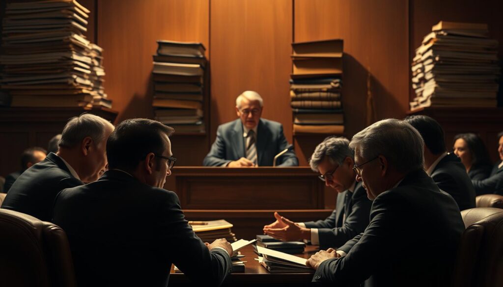 A high-stakes courtroom scene, bathed in a somber, serious tone. In the foreground, two teams of sharp-suited lawyers engage in intense negotiations, their expressions tense and determined. Behind them, a judge presides over the proceedings, their face etched with gravity. In the background, towering stacks of files and legal tomes loom, casting long shadows that hint at the complexity of the case. Warm, dramatic lighting illuminates the scene, creating a sense of gravitas and high-stakes decision-making. The overall atmosphere conveys the weight and significance of the insurance litigation process. A high-stakes courtroom scene, bathed in a somber, serious tone. In the foreground, two teams of sharp-suited lawyers engage in intense negotiations, their expressions tense and determined. Behind them, a judge presides over the proceedings, their face etched with gravity. In the background, towering stacks of files and legal tomes loom, casting long shadows that hint at the complexity of the case. Warm, dramatic lighting illuminates the scene, creating a sense of gravitas and high-stakes decision-making. The overall atmosphere conveys the weight and significance of the insurance litigation process.