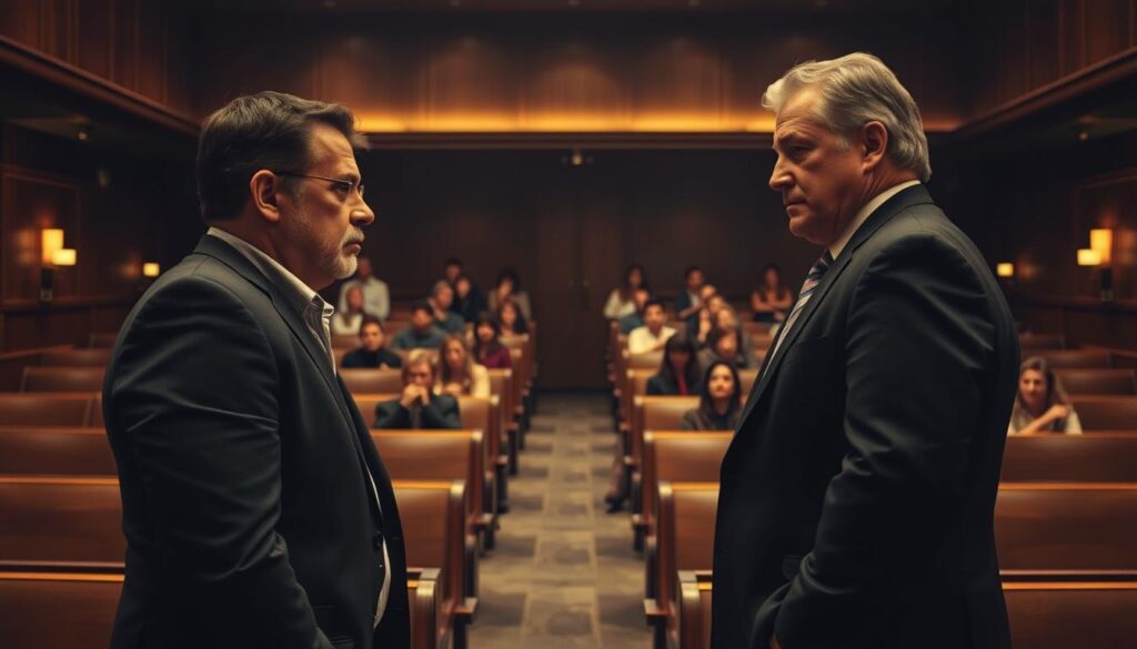 A high-stakes legal battle unfolds in a dimly lit courtroom. In the foreground, a distraught policyholder stands before a stern-faced insurance executive, their expressions conveying the tension of a bad faith insurance lawsuit. In the middle ground, rows of wooden benches are occupied by a solemn audience, observing the proceedings with a sense of somber anticipation. The background is shrouded in shadows, hinting at the complex legal landscape and the high stakes at play. Warm, muted lighting casts an air of seriousness, while the camera angle emphasizes the power dynamics between the two central figures, capturing the essence of a challenging legal process.
