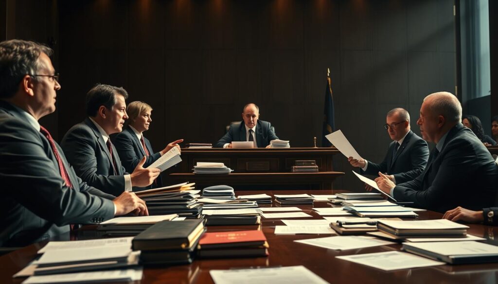 A highly detailed, cinematic image of a bad faith insurance lawsuit unfolding in a modern courtroom. In the foreground, a team of lawyers argue passionately, their expressions intense as they present evidence to a stern-faced judge seated at the bench. The middle ground features numerous files, documents, and exhibits strewn across the polished wooden table, conveying the complexity of the case. The background is dimly lit, with dramatic shadows cast by the high windows, lending an air of tension and high stakes to the proceedings. The overall lighting is dramatic, with hard shadows and highlights, creating a sense of gravity and importance. The camera angle is slightly elevated, giving the viewer a sense of observing the events unfold from an authoritative vantage point.