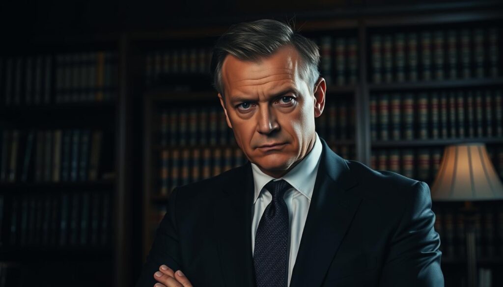 A middle-aged man in a sharp, dark suit stands confidently in a dimly lit office, his brow furrowed and his gaze intense. The scene is captured in a moody, cinematic lighting, casting dramatic shadows that accentuate his stern expression. In the background, a towering bookshelf filled with legal tomes suggests his expertise and authority. The man's body language conveys a sense of power and determination, a skilled legal professional ready to fight for his clients against the bad faith tactics of insurance companies.