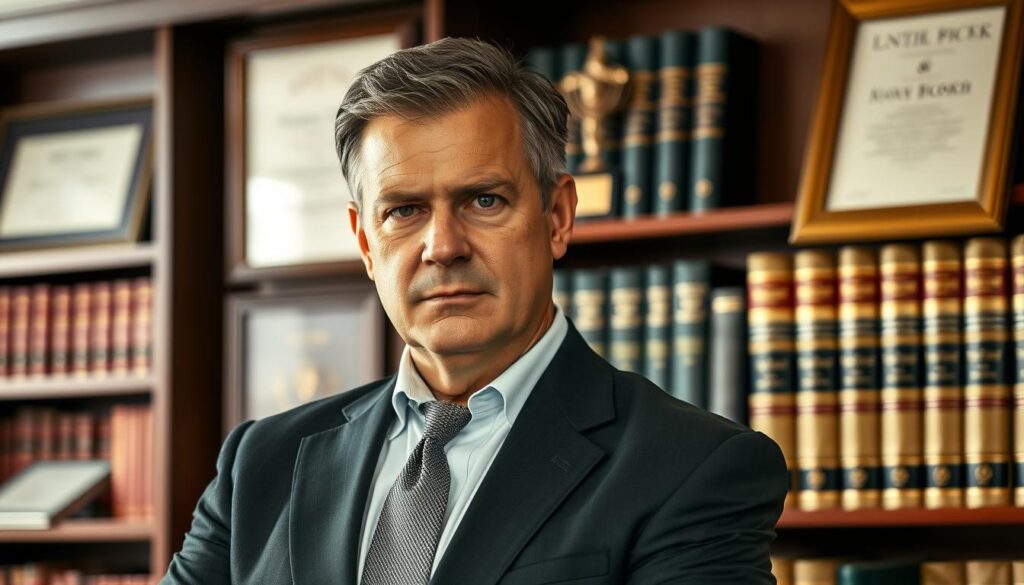 A middle-aged man in a sharp, tailored suit stands confidently in a well-appointed office, surrounded by law books and accolades. His expression is stern yet empathetic, radiating the expertise and determination of a seasoned bad faith insurance claim attorney. The lighting is warm and professional, casting subtle shadows that accentuate his confident, authoritative demeanor. The background is subtly blurred, keeping the focus on the attorney's commanding presence and the successful track record he represents.