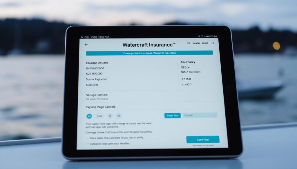 A modern, digital watercraft insurance policy displayed on a tablet or laptop screen, with a sleek, minimalist interface. The screen shows detailed coverage options, premium calculations, and secure payment channels against a backdrop of a serene lakeside or harbor setting. The UI features clean typography, intuitive navigation, and subtle blue-green color accents that evoke the tranquility of the water. Soft, indirect lighting illuminates the scene, creating a sense of professionalism and trust. The overall composition conveys the simplicity and convenience of managing watercraft insurance in the digital age.
