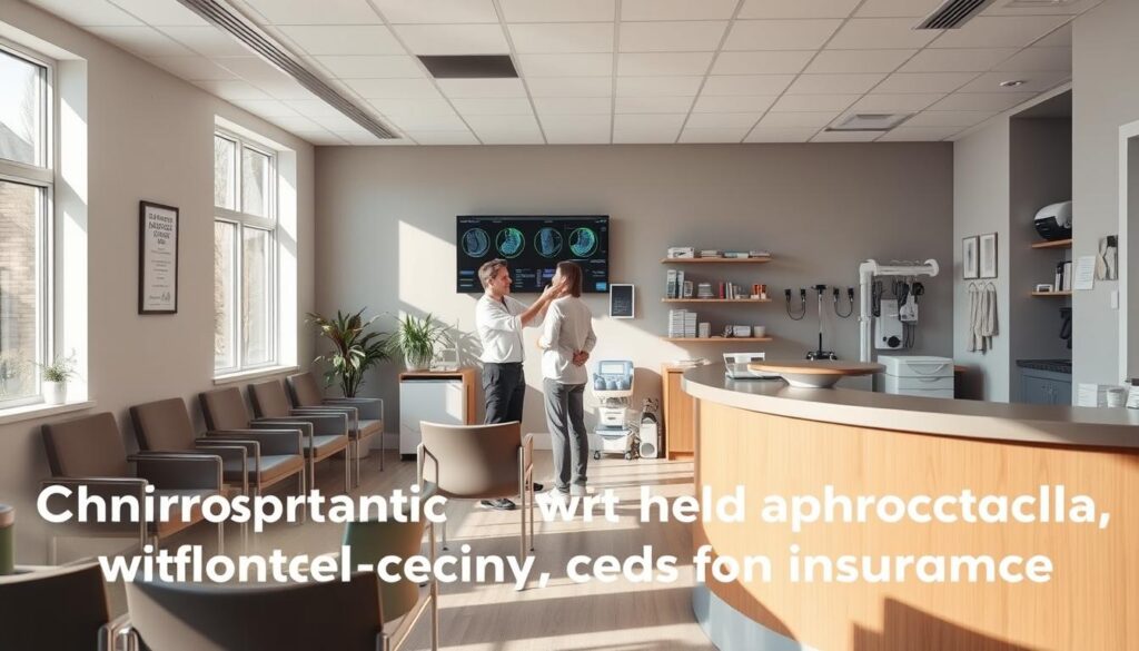 A modern, minimalist medical office interior with bright natural lighting streaming through large windows. A reception desk and waiting area are visible in the foreground, with comfortable chairs and clean, minimalist design. In the middle ground, a chiropractor consults with a patient, gesturing towards a diagnostic display on the wall. The background features various chiropractic equipment and supplies, conveying a sense of professionalism and affordable, high-quality care without the need for insurance.
