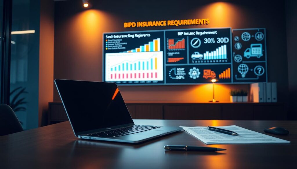 A modern office desk with a laptop, paperwork, and a pen, illuminated by warm, directional lighting. In the background, a wall display shows graphs, statistics, and insurance-related icons, representing the recent changes in BIPD insurance trucking requirements. The overall atmosphere conveys a sense of professionalism, attention to detail, and the importance of staying informed about the latest industry regulations.