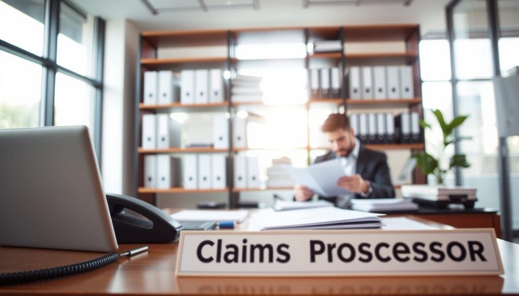 A modern office interior with natural light pouring in through large windows. In the foreground, a desk with a laptop, a telephone, and neatly organized documents. On the desk, a nameplate reads "Claims Processor". In the middle ground, a person in a suit sitting at the desk, intently reviewing paperwork. Behind them, a shelving unit filled with binders and folders, suggesting an organized and professional workspace. The lighting is soft and warm, creating a calm and focused atmosphere. The overall scene conveys a sense of diligence and care in the claims processing workflow. A modern office interior with natural light pouring in through large windows. In the foreground, a desk with a laptop, a telephone, and neatly organized documents. On the desk, a nameplate reads "Claims Processor". In the middle ground, a person in a suit sitting at the desk, intently reviewing paperwork. Behind them, a shelving unit filled with binders and folders, suggesting an organized and professional workspace. The lighting is soft and warm, creating a calm and focused atmosphere. The overall scene conveys a sense of diligence and care in the claims processing workflow.
