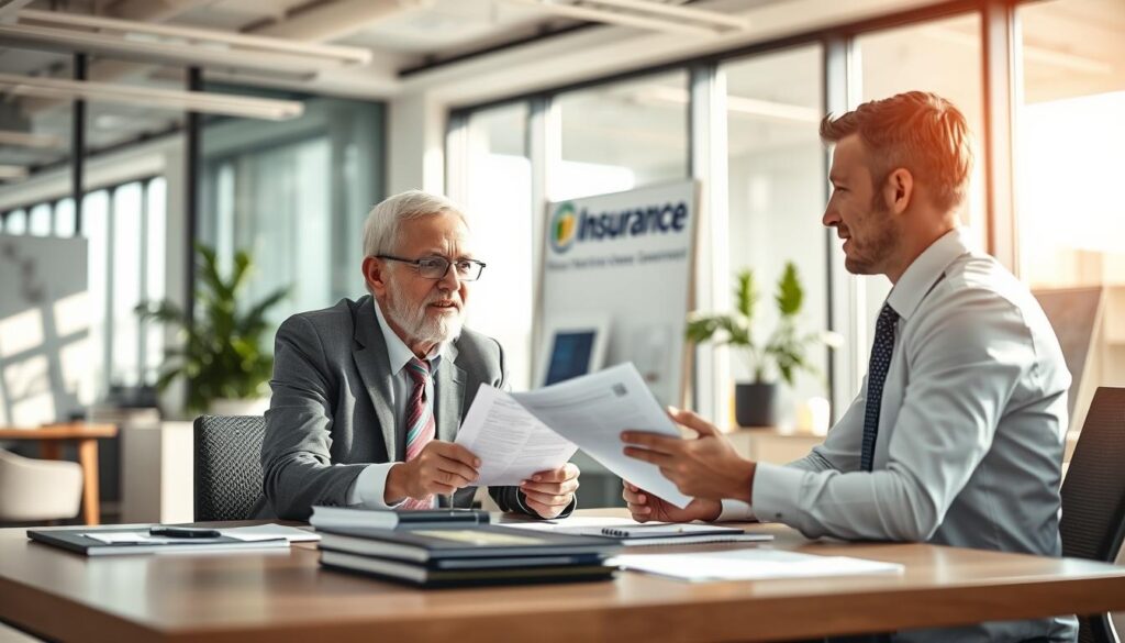 A modern office interior with natural lighting streaming through large windows. In the foreground, two insurance agents, one older and one younger, are sitting across a well-organized desk, engaged in a professional discussion. The older agent is explaining documents while the younger agent listens attentively. The background showcases the company's branding and decor, conveying a sense of trust and reliability. The scene is captured with a shallow depth of field, keeping the agents in sharp focus while the surrounding details slightly blurred, emphasizing the personal interaction. The overall mood is one of collaboration and knowledge transfer within the same insurance company.