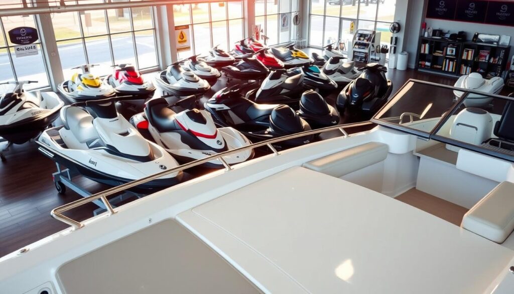 A modern watercraft dealership showroom with pristine boats on display, bathed in warm, natural lighting that flows through large windows. The foreground showcases a sleek powerboat with a gleaming white hull and chrome accents, inviting closer inspection. In the middle ground, various watercraft models are arranged thoughtfully, ranging from compact personal watercraft to larger family cruisers. The background features a well-organized parts and accessories section, hinting at the comprehensive services offered. The overall atmosphere is one of professionalism, sophistication, and a passion for the boating lifestyle.