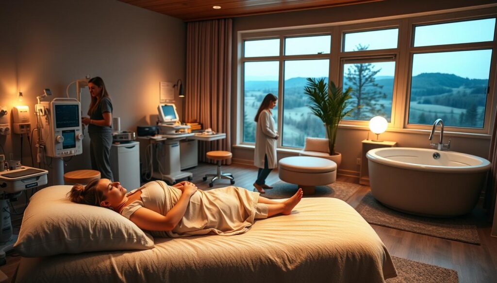 A modern, well-equipped birthing center with a cozy, welcoming atmosphere. In the foreground, a pregnant woman in a comfortable gown reclining on a plush birthing bed, surrounded by attentive midwives and nurses. The middle ground features various medical equipment like fetal monitors, birthing stools, and a tranquil water birthing tub. The background depicts a serene, natural landscape visible through large windows, bathed in warm, ambient lighting. The overall mood is one of calm, empowered, and holistic care.