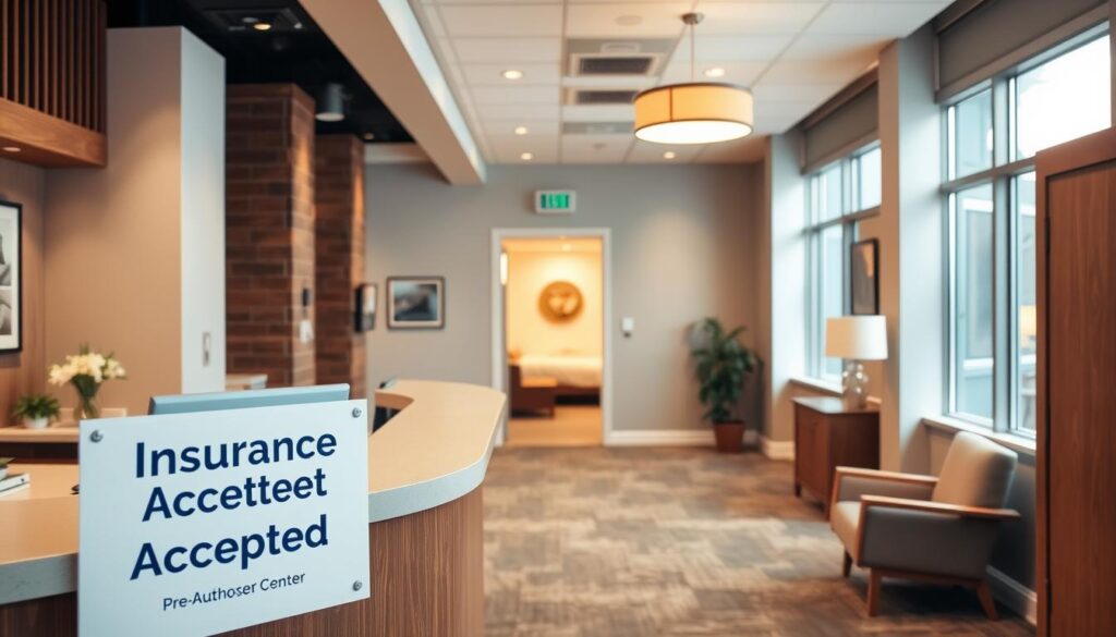 A modern, well-equipped birthing center with a welcoming, cozy atmosphere. The interior features soft lighting, wooden accents, and plush seating. In the foreground, a professional receptionist's desk with signage indicating "Insurance Accepted" prominently displayed. Behind the desk, a hallway leads to the birthing suites, where the warm glow of natural light filters through. The overall scene conveys a sense of comfort, care, and attention to the needs of expectant families navigating the pre-authorization process.