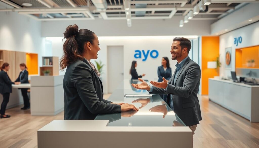 A modern, well-lit customer service office with a warm, welcoming atmosphere. In the foreground, a friendly ayo insurance agent assists a customer at a sleek, glass-topped desk. The agent's body language is open and attentive, creating a sense of trust and personalized service. In the middle ground, other agents are visible, all engaged with customers, demonstrating ayo's commitment to responsive, empathetic support. The background features ayo's branded decor - clean lines, natural materials, and vibrant accent colors that evoke the company's values of reliability and innovation. Soft, diffused lighting casts a gentle glow throughout the space, adding to the overall sense of professionalism and care.