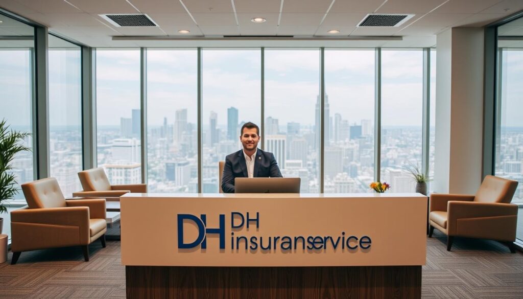 A modern, well-lit office interior with a prominent desk showcasing the DH Insurance Services logo. In the foreground, a professional-looking insurance agent sits at the desk, exuding an aura of trustworthiness and competence. The middle ground features comfortable chairs and a coffee table, creating a welcoming atmosphere for clients. The background depicts floor-to-ceiling windows, offering a panoramic view of a bustling city skyline, conveying a sense of reliability and stability. The overall scene is captured with a warm, inviting color palette and soft, diffused lighting, emphasizing the professionalism and dependability of the insurance provider. A modern, well-lit office interior with a prominent desk showcasing the DH Insurance Services logo. In the foreground, a professional-looking insurance agent sits at the desk, exuding an aura of trustworthiness and competence. The middle ground features comfortable chairs and a coffee table, creating a welcoming atmosphere for clients. The background depicts floor-to-ceiling windows, offering a panoramic view of a bustling city skyline, conveying a sense of reliability and stability. The overall scene is captured with a warm, inviting color palette and soft, diffused lighting, emphasizing the professionalism and dependability of the insurance provider.
