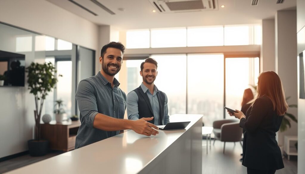 A modern, well-lit office interior with a warm, professional atmosphere. In the foreground, a smiling, casually-dressed customer service representative stands at a clean, minimalist desk, offering a reassuring handshake. Behind them, a wall-sized window provides a panoramic view of a bustling cityscape, bathed in soft, natural light. The middle ground features tasteful, contemporary furnishings and decor, conveying a sense of trust, reliability, and attention to detail. In the background, other representatives assist additional customers, demonstrating the organization's commitment to ongoing excellence and personalized support. A modern, well-lit office interior with a warm, professional atmosphere. In the foreground, a smiling, casually-dressed customer service representative stands at a clean, minimalist desk, offering a reassuring handshake. Behind them, a wall-sized window provides a panoramic view of a bustling cityscape, bathed in soft, natural light. The middle ground features tasteful, contemporary furnishings and decor, conveying a sense of trust, reliability, and attention to detail. In the background, other representatives assist additional customers, demonstrating the organization's commitment to ongoing excellence and personalized support.