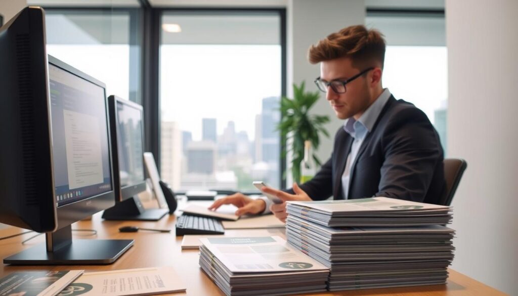 A modern, well-lit office setting with a desk, computer, and various paperwork and documents. In the foreground, a person is intently focused on filling out a form on the computer screen, their face expressing a mix of concentration and diligence. The middle ground features a stack of informational brochures and pamphlets about Dearborn Vision Insurance plans and benefits, neatly arranged on the desk. The background showcases a window overlooking a cityscape, with a soft, natural light filtering in and creating a calming atmosphere. The overall scene conveys a sense of efficiency, professionalism, and a smooth, user-friendly enrollment process.