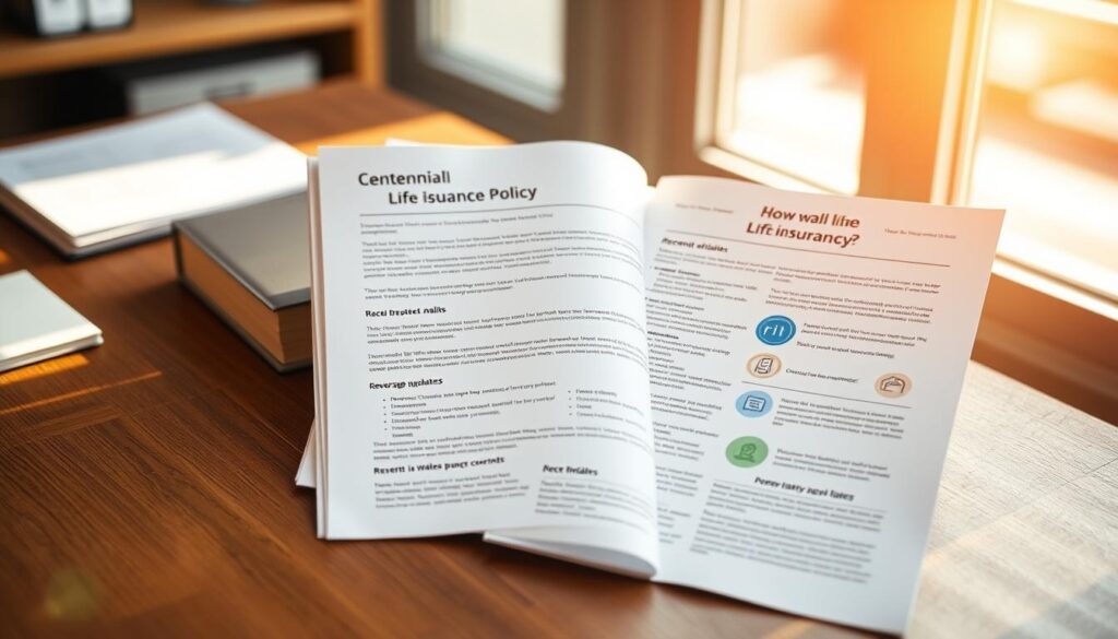 A neatly organized life insurance policy document open on a wooden desk, backlit by warm, natural light streaming through a nearby window. The policy pages feature crisp, clean typography and clear infographics highlighting the key benefits, coverage details, and recent updates. A sense of reassurance and reliability radiates from the scene, perfectly capturing the essence of Centennial Life Insurance's commitment to providing reliable coverage for life.
